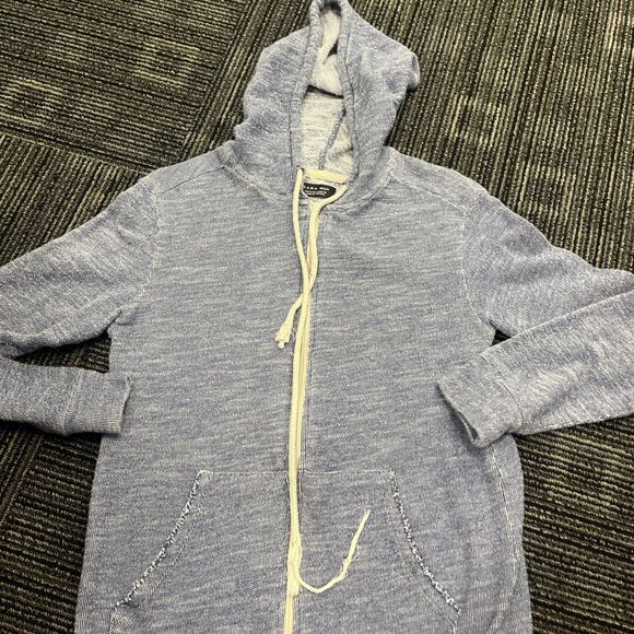 ZARA Man Men’s Light Blue Hoodie Double Knit Fill Zipper Distressed Size Small - Picture 4 of 9